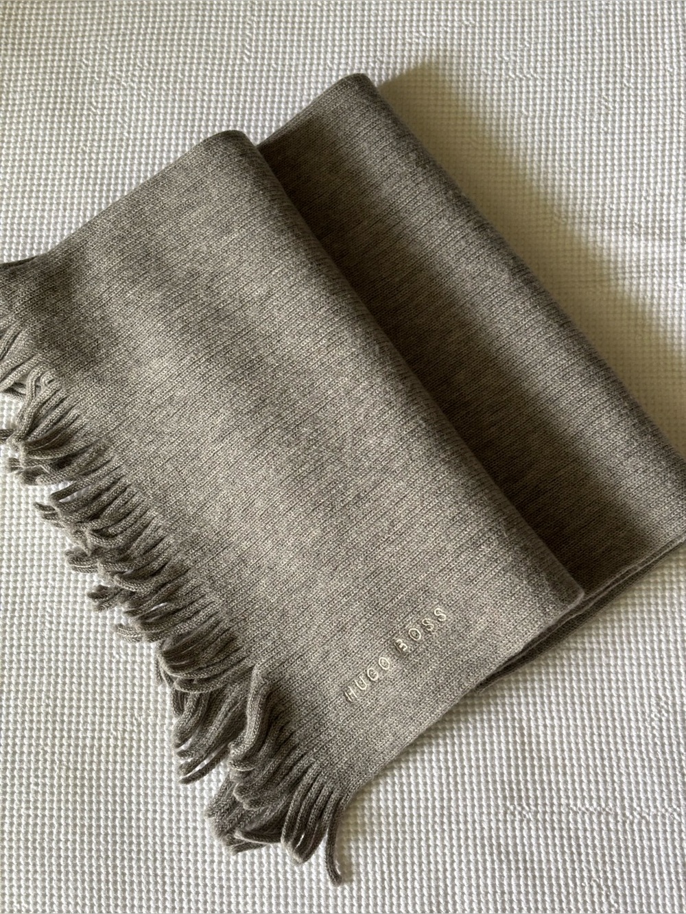 Hugo Boss Men’s Taupe Wool  Fringed Scarf